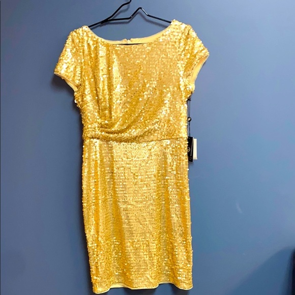 NWT ADRIANNA PAPELL WO SIZE 10 SHORT SLEEVE MIDI GOLD SEQUIN COCKTAIL DRESS - Picture 1 of 13